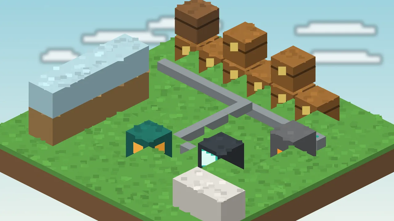 Minecraft base with a wall of chests linked by Simple Storage Network cables to a central request table
