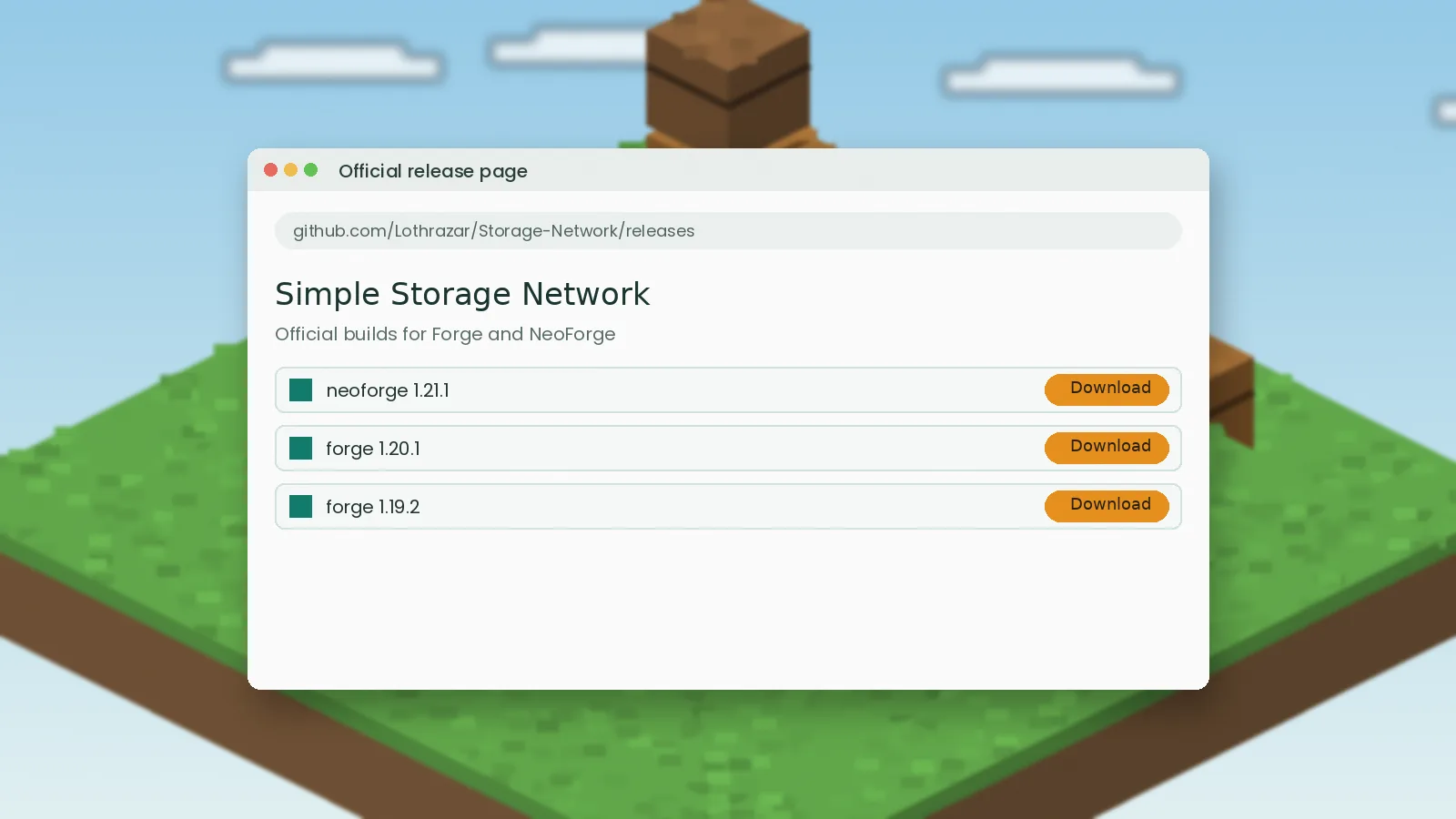 Official Simple Storage Network release page open in a browser with download buttons for NeoForge and Forge builds