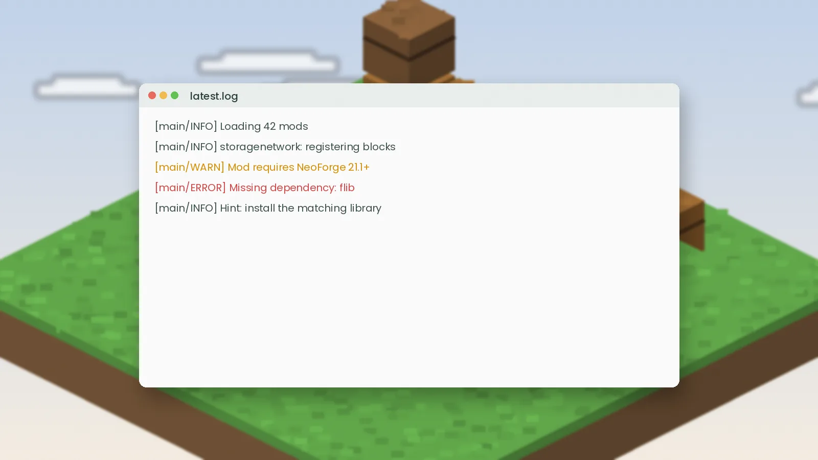 Minecraft latest.log showing a missing dependency error for a storage network mod