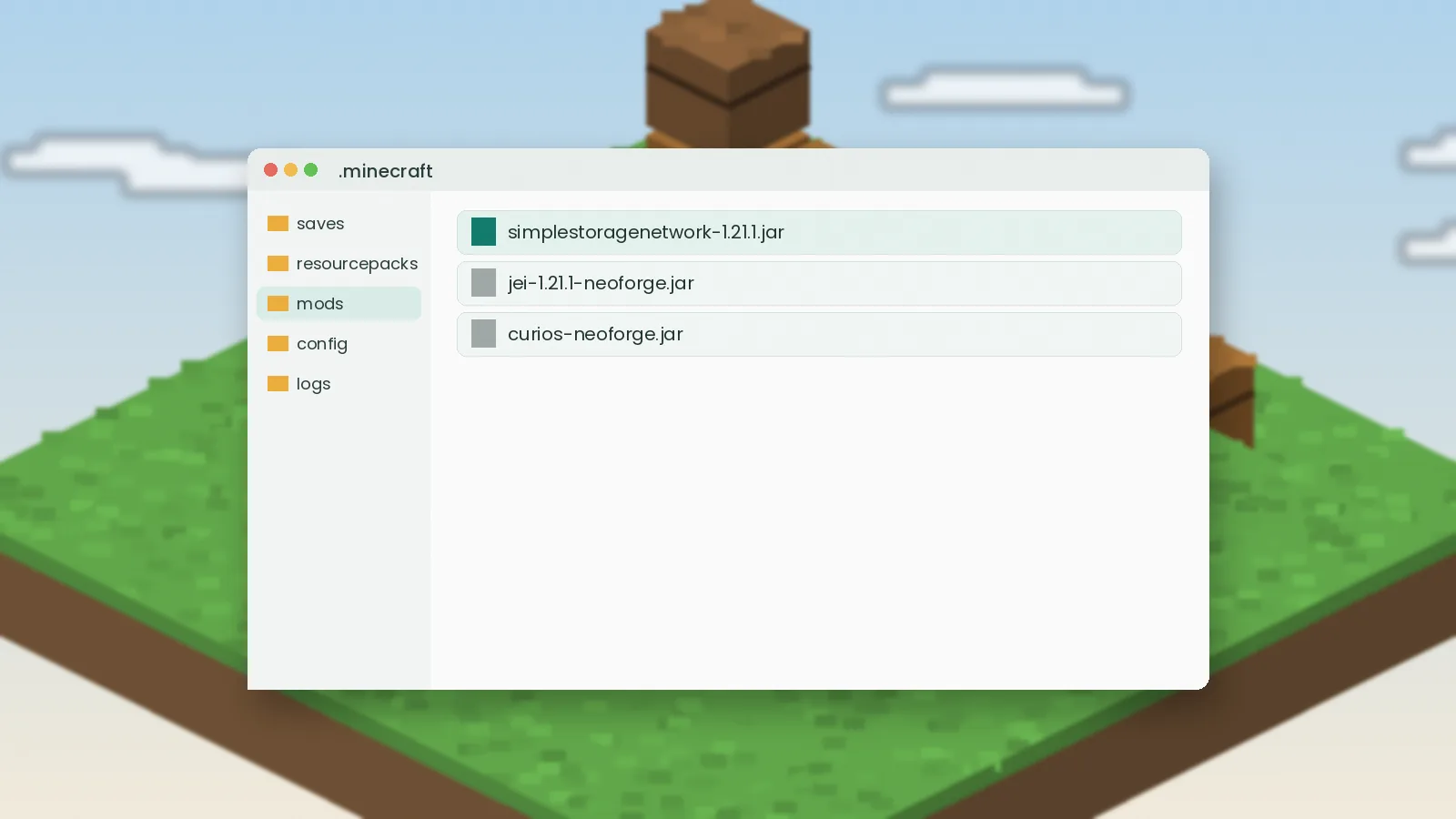 The .minecraft mods folder containing the Simple Storage Network jar alongside JEI and Curios