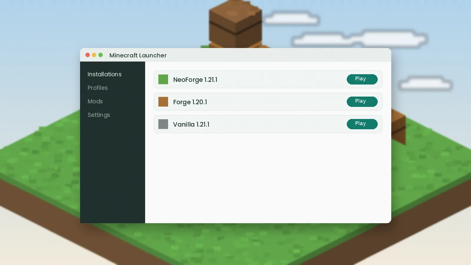 Minecraft Launcher showing NeoForge and Forge installations ready to launch with Simple Storage Network
