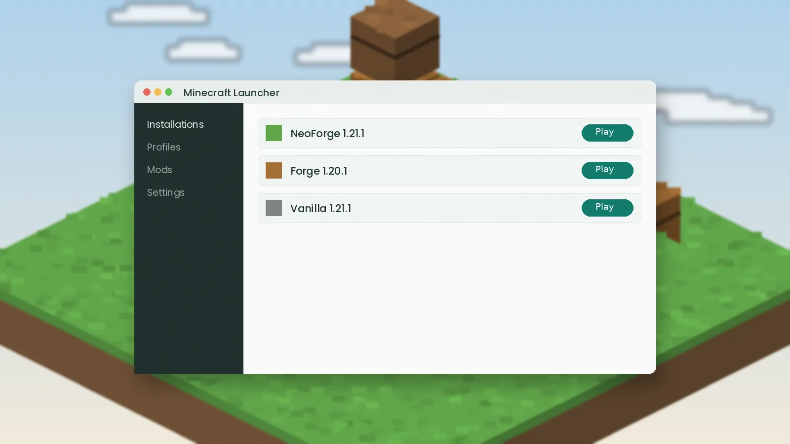 Minecraft Launcher listing mod loader installations for choosing a Fabric-compatible storage mod