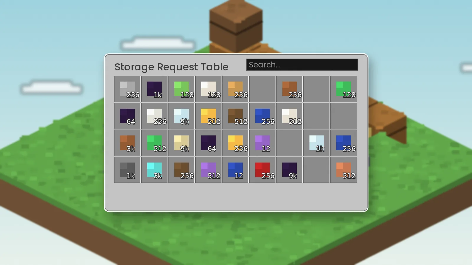 Storage Request Table interface showing a searchable grid of stored items and counts