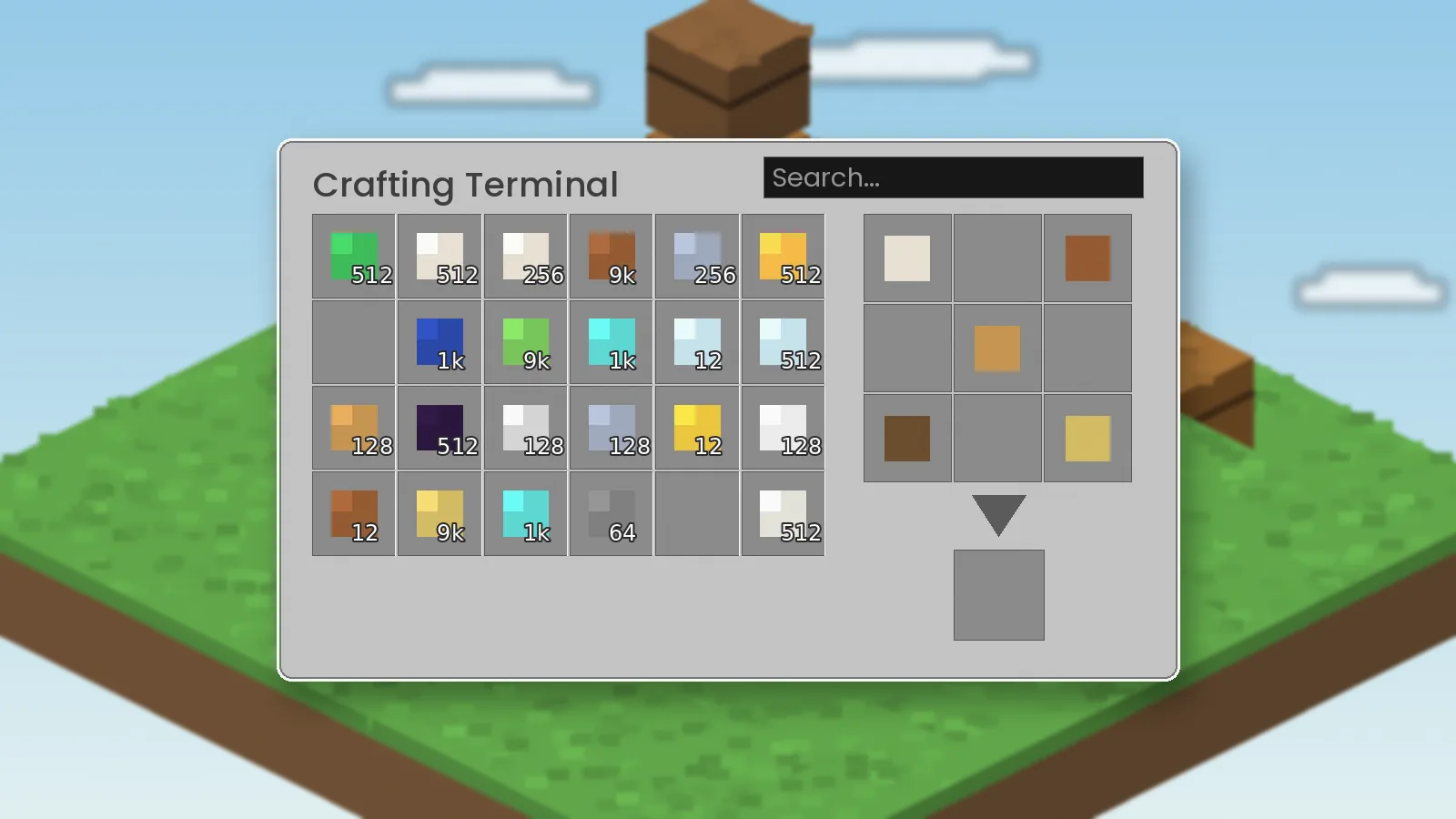 Crafting terminal interface with a searchable item grid and 3x3 crafting area