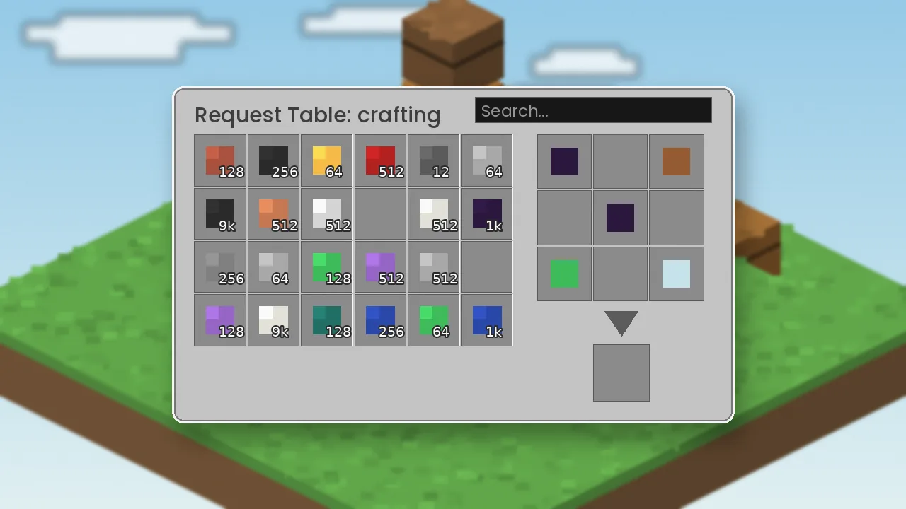 Simple Storage Mod screenshot: Crafting from storage — The request table's 3x3 grid pulls ingredients for you.