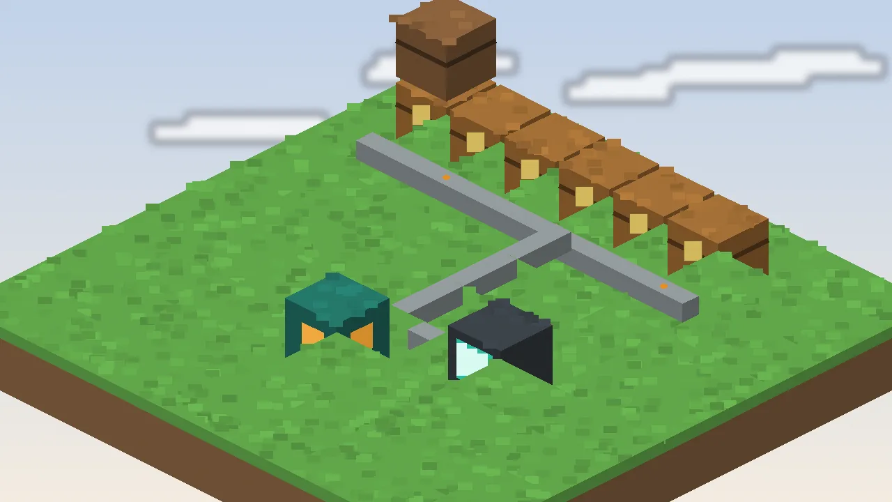 Simple Storage Mod screenshot: Export cables feeding machines — Amber markers show cables pushing items out.