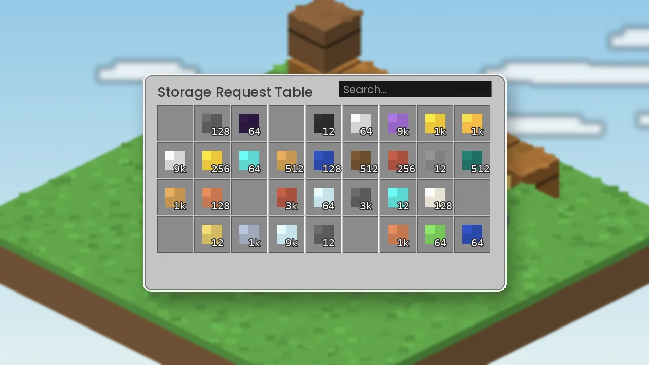 Simple Storage Mod screenshot: Storage Request Table — The main grid, showing every linked item with counts.